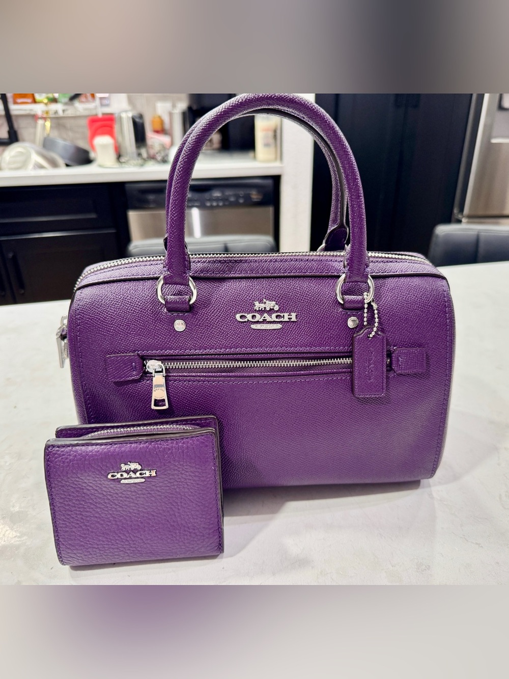 Coach Rowan Purple Saffiano Leather Satchel with Matching Wallet